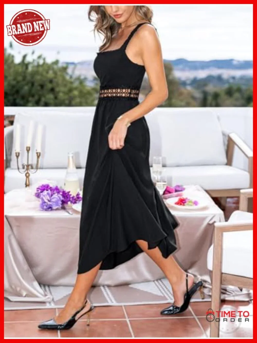 Square Neck Hollow Out Sleeveless Scalloped Eyelet Lace Strap Midi Dress